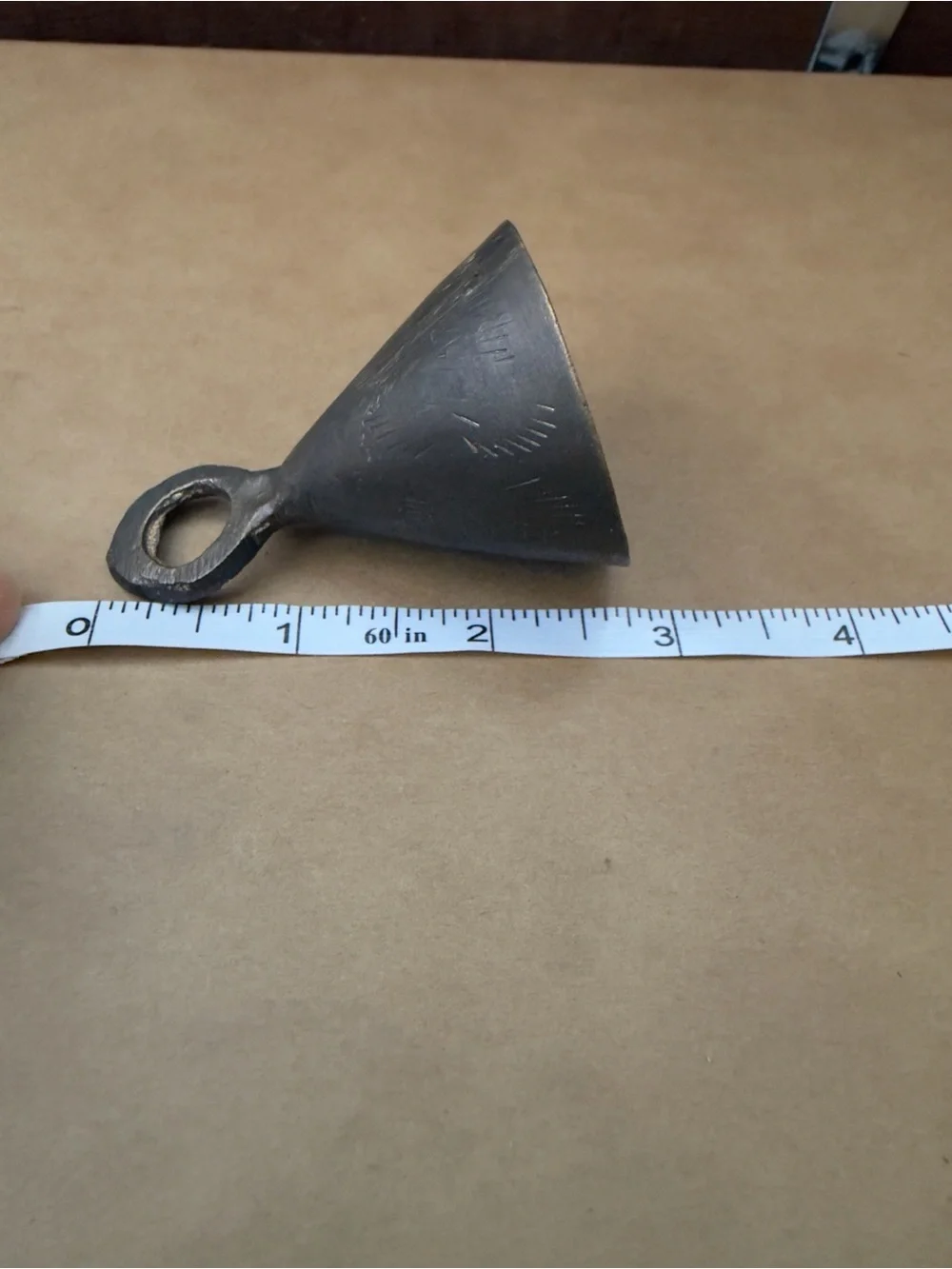 Vintage mid-century hand-crafted brass cone bell India unpolished 3”